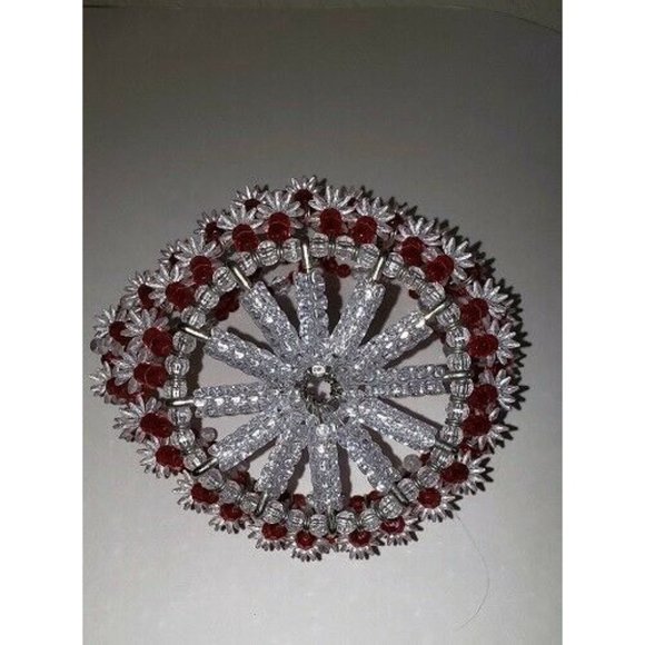 Tramp Art Beaded Safety Pin Crafted Red Clear Beads Basket 10" x 21" round - Picture 5 of 5